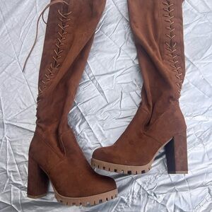 Top Moda Over the Knee Boots Brown Suede Lace Up Chunky Heel Size 7.5